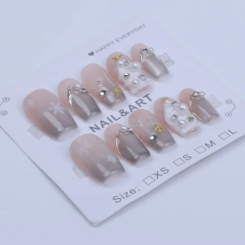Handmade Pink Pressing Nail Short Christmas Cat Eye n Reusable Adhesive Fake Nail Acrylic Full Cover Girl Nail Tip 241031