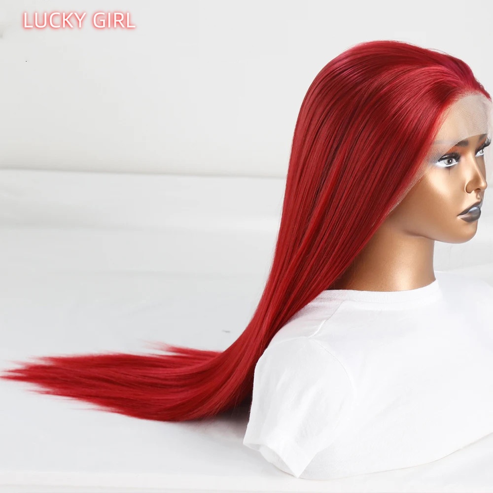 Bombshell Wine red 13*4 Synthetic Hair Front Lace Wig Glueless Heat Resistant Fiber Hair Natural Hairline Free Parting Women Korean high temperature f