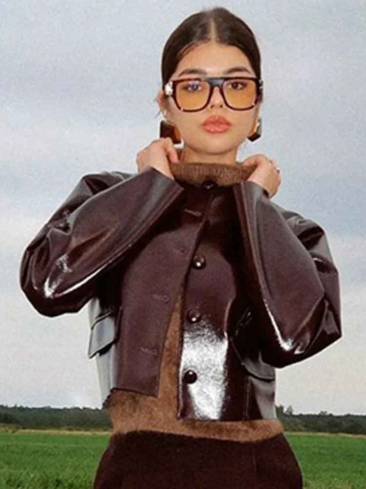 Vintage Wine Red Pu Womens Leather Jacket Fashion O-neck Single Button Long Sleeve Jacket Street Jacket 241031