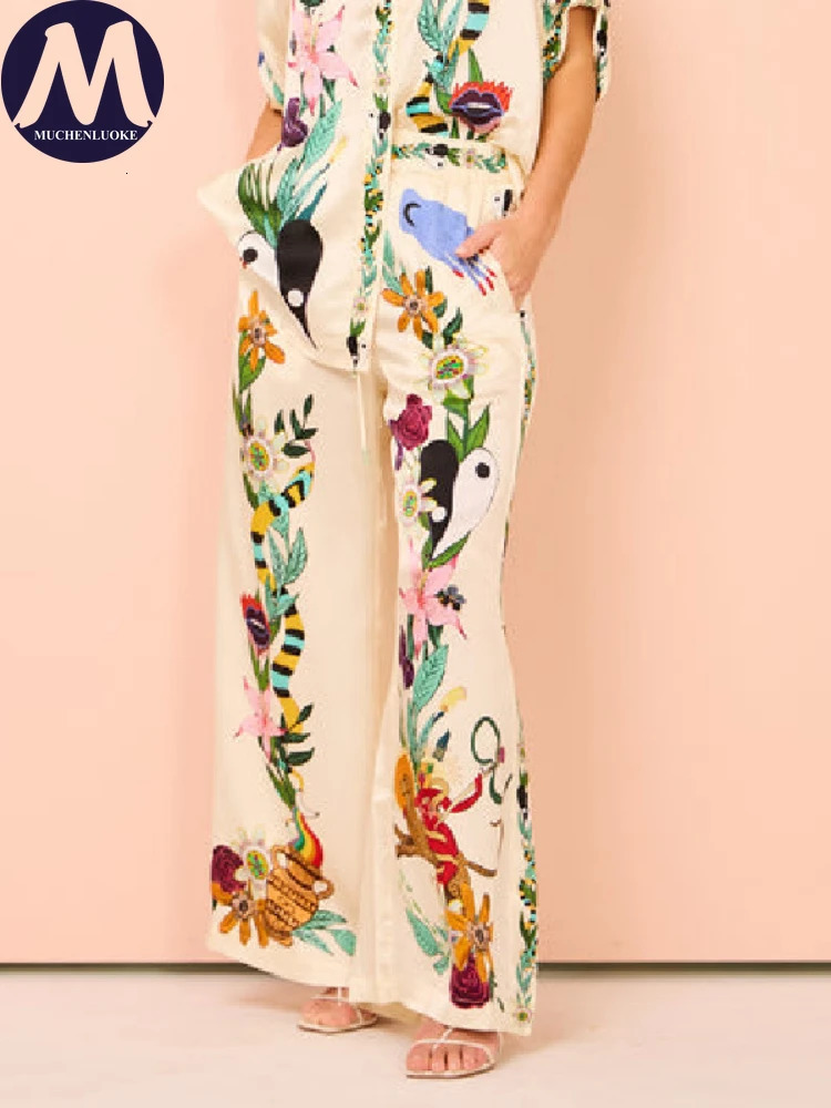 2 Piece Sets Women Outfit Summer Bohemian Style Printing Half Sleeve Shirt Suits Fashionable Casual Loose Wide Leg Pant Set 240328