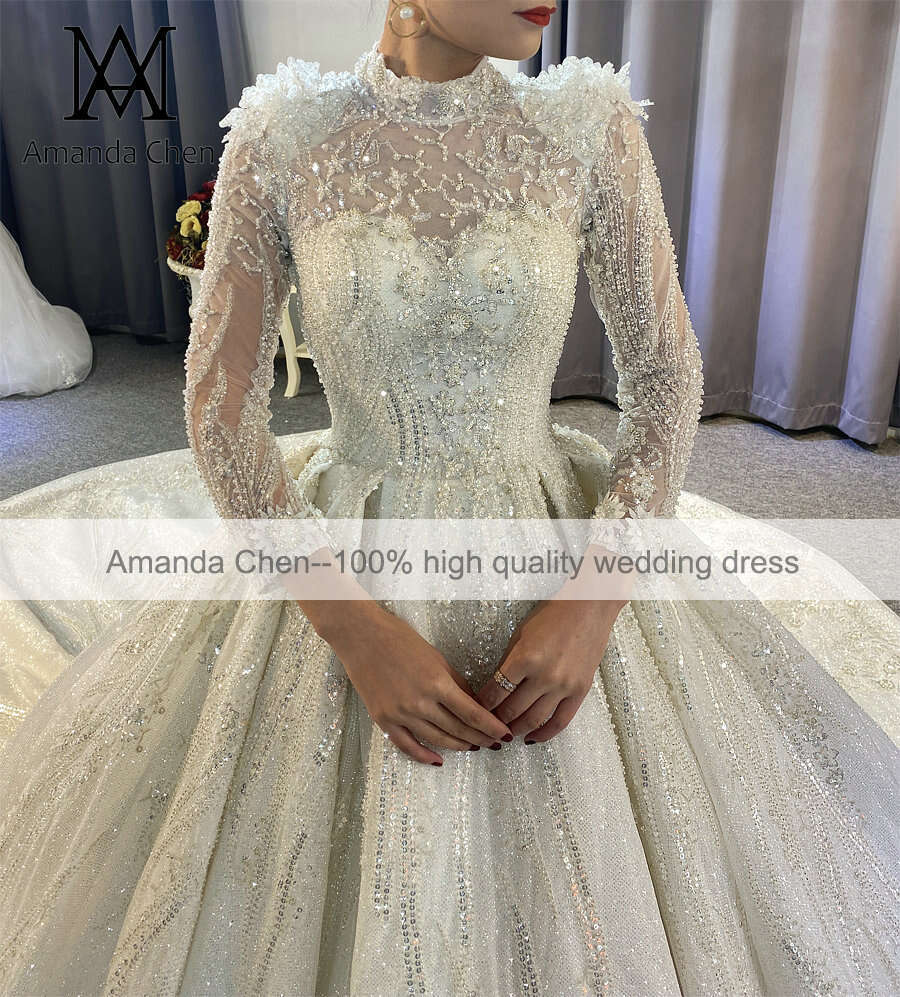 Neck High Long Sleeve Lace Appliqued A E Wedding Dress