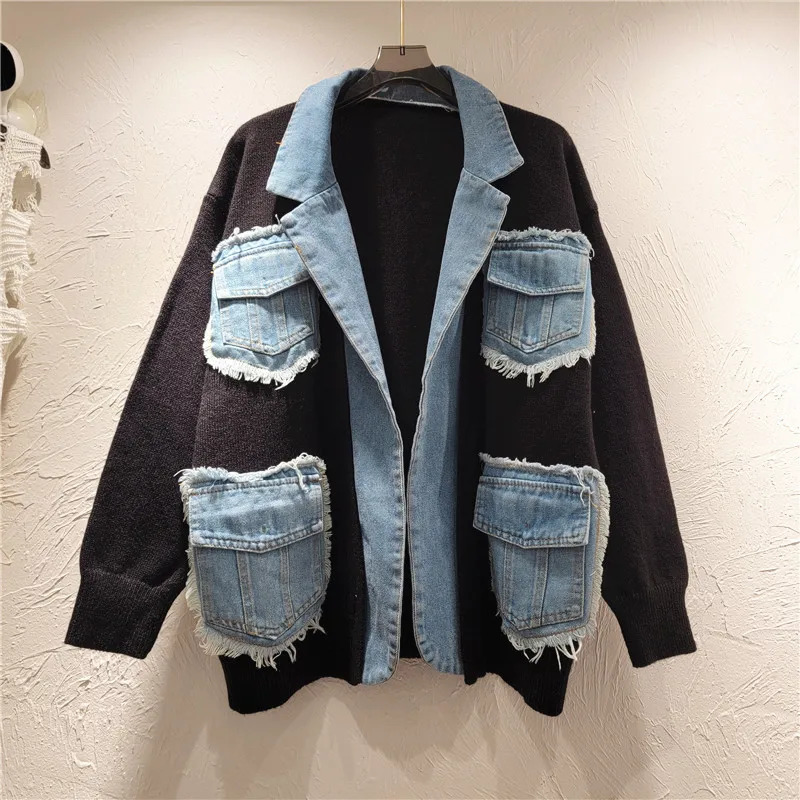 Womens denim patchwork suit jacket knitted cardigan pocket contrasting color jeans jacket long sleeved autumn sweater top 241031