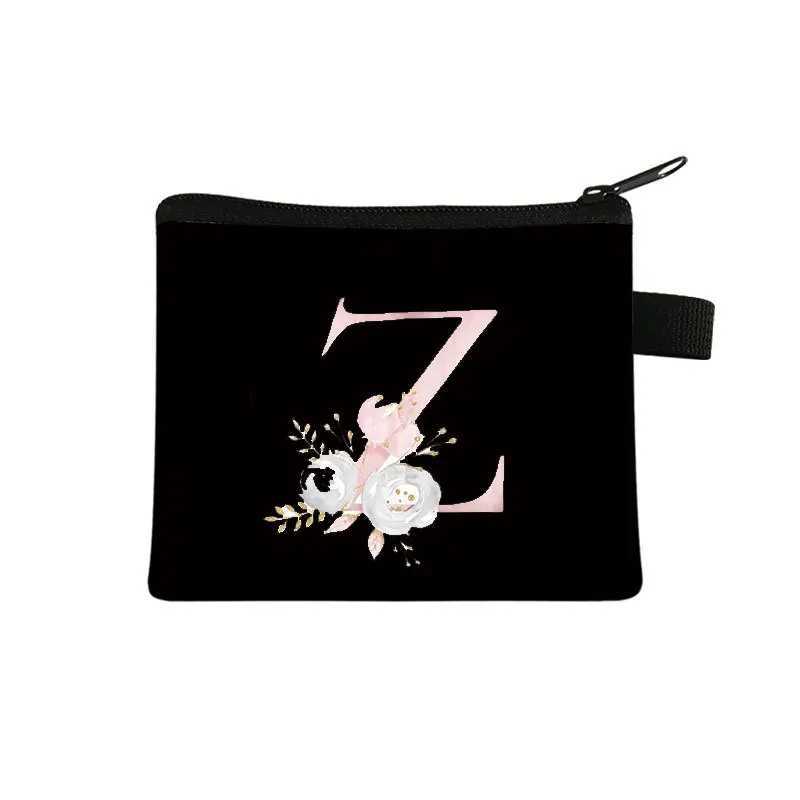 Pink Letter Flower Print Purse Cute Portable Zipper Key Storage Bag Small Fresh Canvas Zippered Children Coin Purse Cluh BagXJ241111