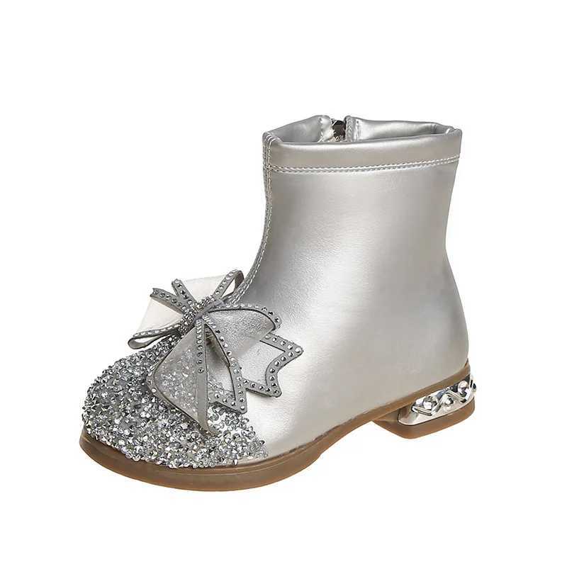 Girls autumn and winter shoes childrens plush new crystal short boots childrens fashion princess bow bead zipper M241102