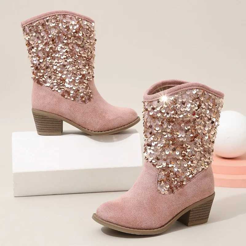 Girl Chelsea Boots New Glitter Thick High Heels Korean Sle European and American Fashion Childrens Edition Soft Princess Boots M241102