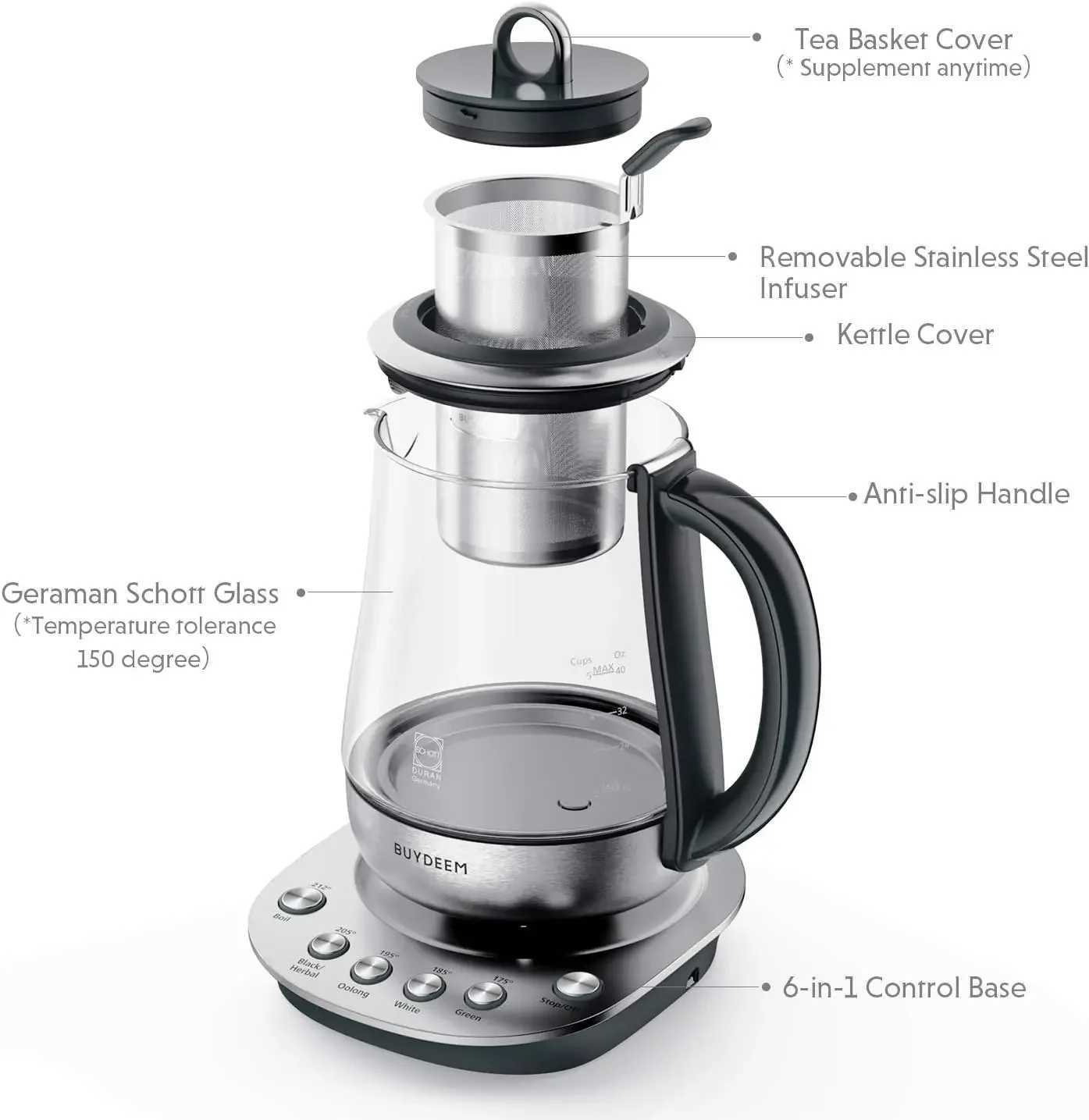 Durable 316 stainless steel and German Schott electric kettle detachable inhaler automatic insulation BPA 1.2L Y241102