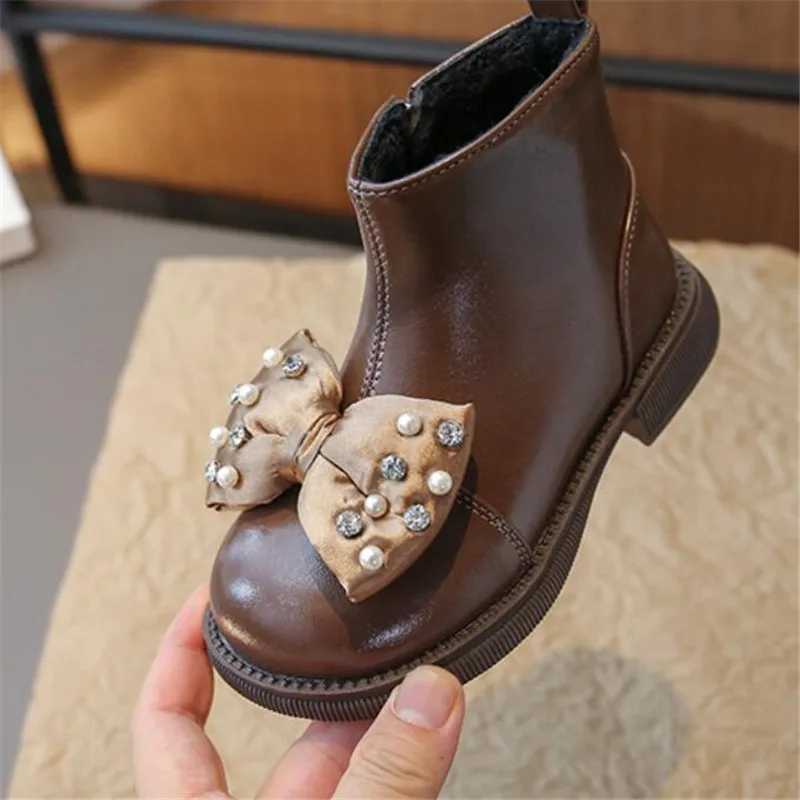 Girl princess boots childrens fashion bow plush leather ankle boots autumn and winter round toe PU soft soled cotton shoes side zipper M241102