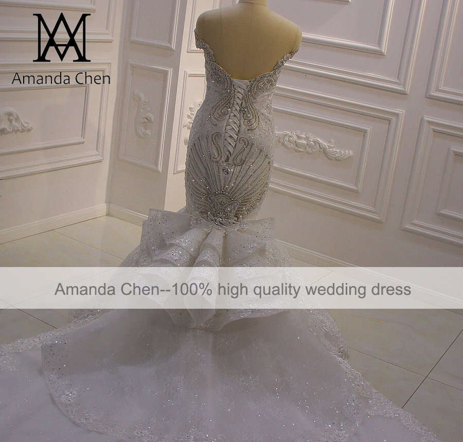 De Robe Mariage Off Shoulder Lace Appliqued Crystal Mermaid Detachable Train Wedding Dress tachable