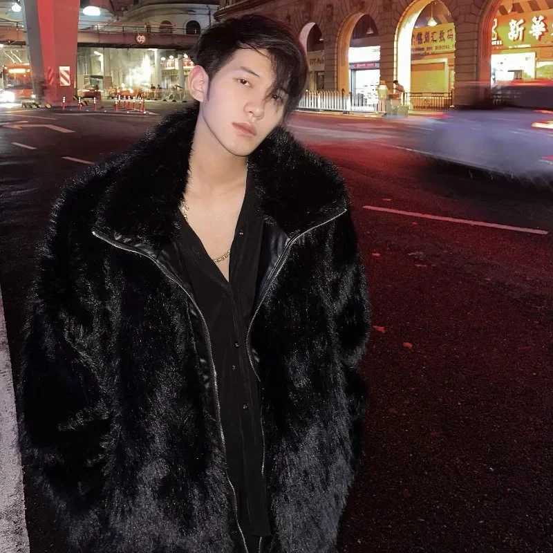 Korean Fashion Faux Fox Fur Coat New Fall and Winter High Street Trend Warm Jacket Man Streetwear Hip Hop Black Faux Fur CoatXJ241102