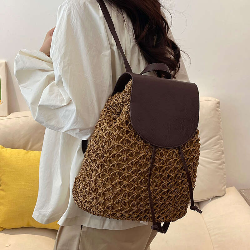 3 Vintage Women's Fashion Shoulder Bag Versatile Straw Woven PU Leather Elegant Designer Backpack 4