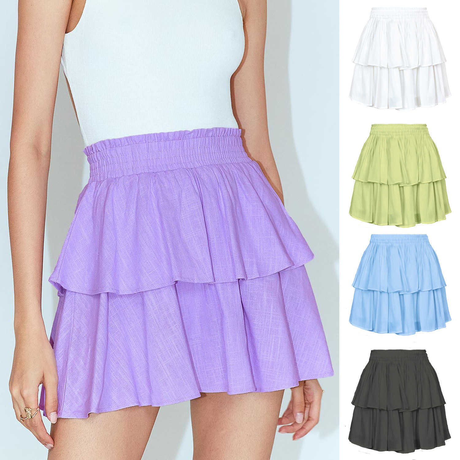 Women Bohemian Skirt Lace Side WoMens Double-layer Cotton Cake Skirt Solid Color Ruffled Elastic Short Skirt 241023