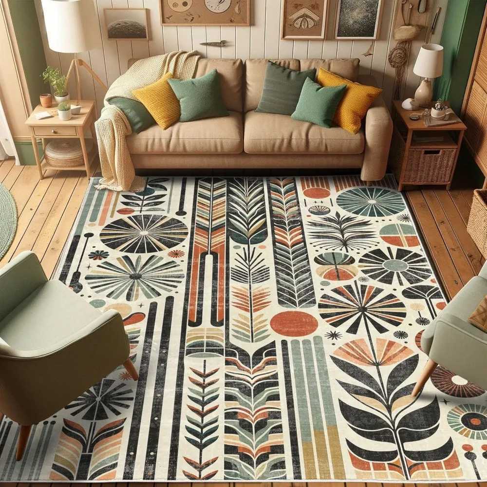 Retro Mid Century Inspired Abstract Patterns on Ivory Background Quality Carpet for BedroomXJ241101