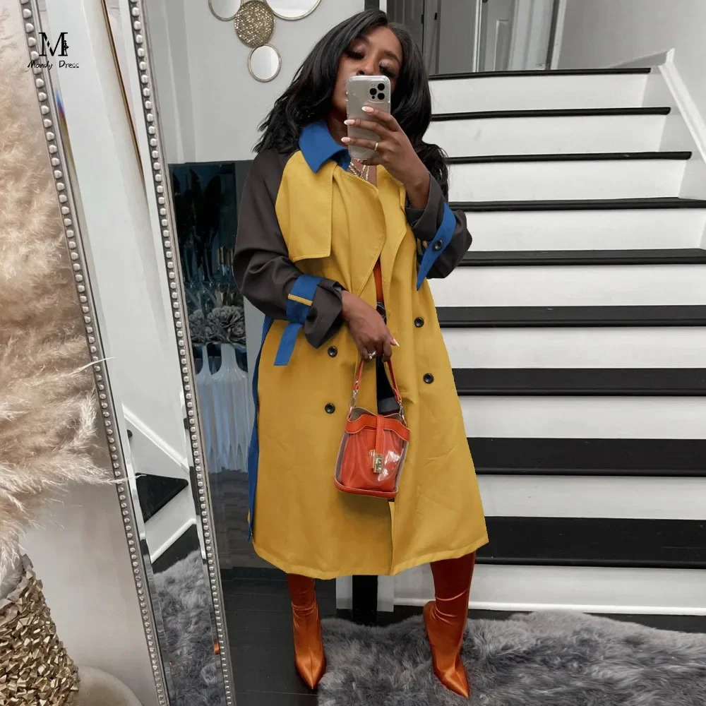 Fashionable womens trench coat long sleeved with patchwork work loose jacket autumn and winter streetwear plus size womens coat 241031