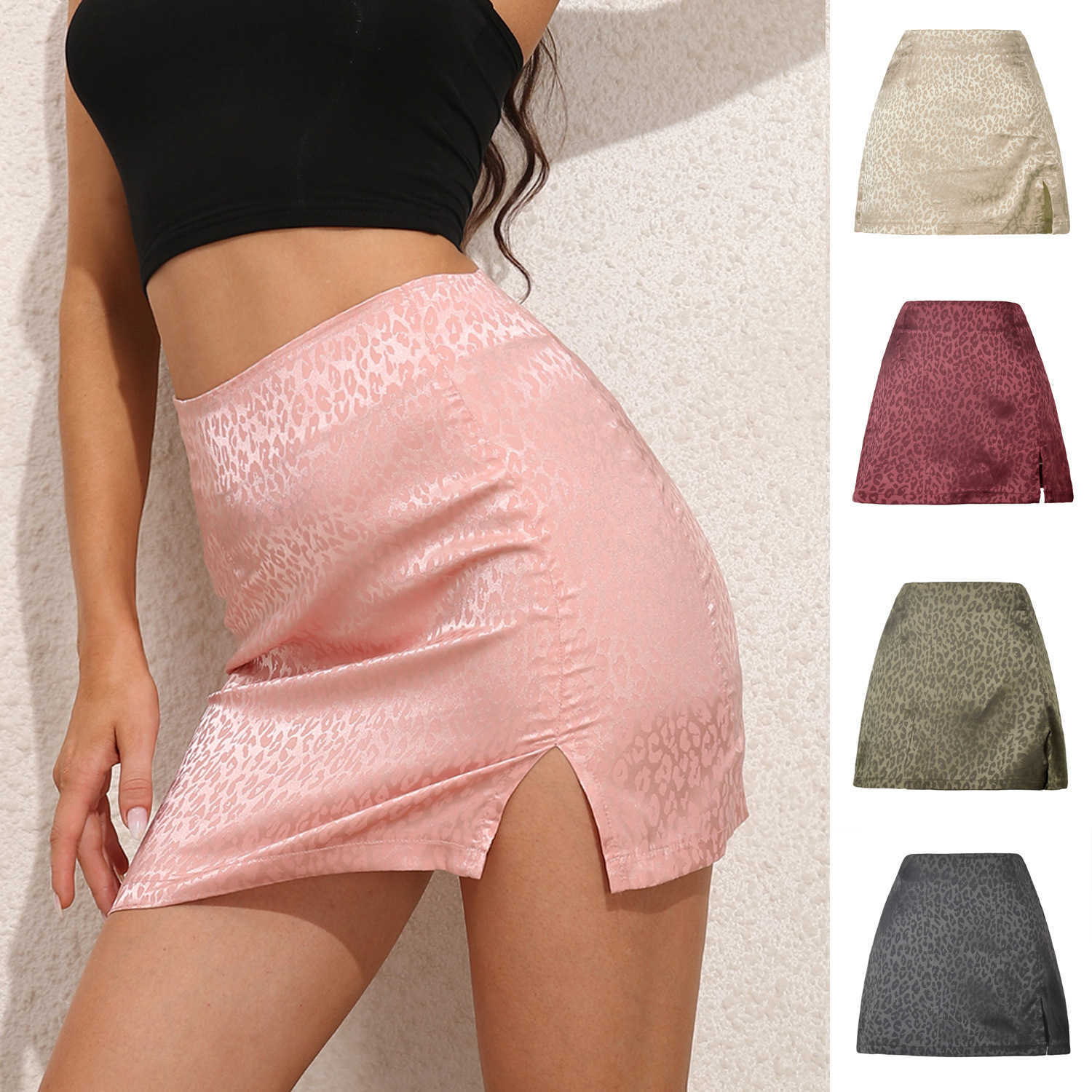 Leopard Print Career Skirts For Women Vintage Hip-hugging Skirt Summer Leopard High Waist Split Skirt Sexy Jacquard Satin Zipper Skirt 241023