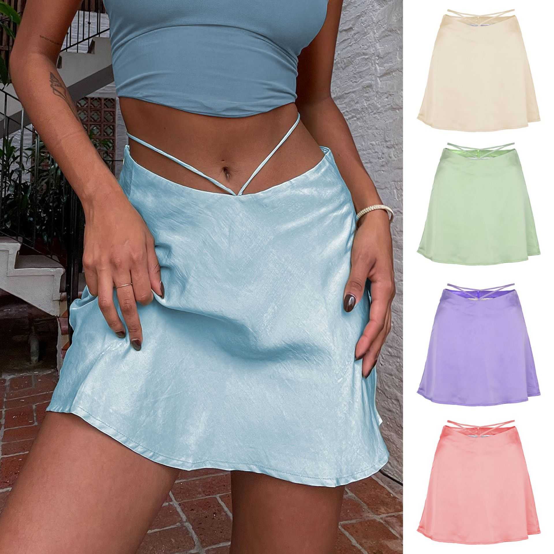 Women Skirt Solid Color Sexy Satin Half Skirt With Fashionable Exposed Navel Strap Zipper Short Skirt For WoMens Length Adult Skirts 241023