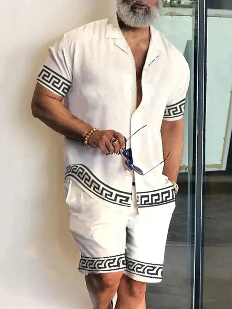 Mens Shirt Sets 3d Print Patchwork Lapel Short Sleeve Casual Beach Shorts Summer Streetwear Vacation Hawaiian Suits Men 240327