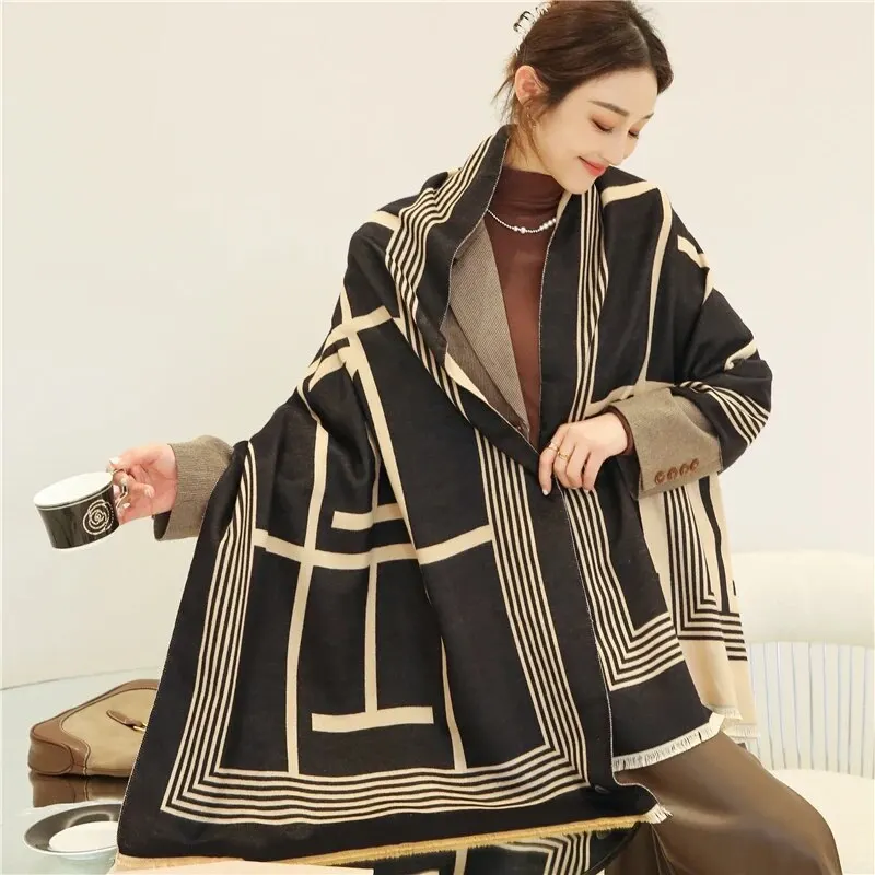 Thick 2025 Cashmere new Like Poncho Blanket Scarf Women Winter Pashmina Warm Shawl Wraps Bufanda With Tassel Casual Print Accessories