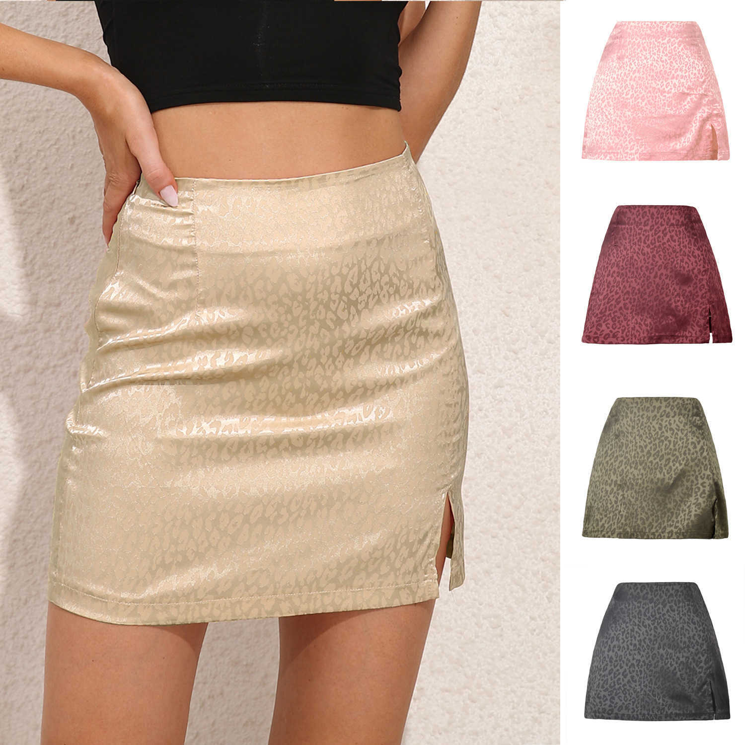 Leopard Print Career Skirts For Women Vintage Hip-hugging Skirt Summer Leopard High Waist Split Skirt Sexy Jacquard Satin Zipper Skirt 241023