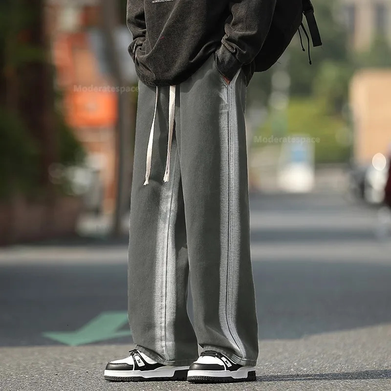 Mens Baggy Straight Jeans Fashion Striped Tie Dye Stretch Waist Drawstring Casual Vintage Denim Trousers Male Streetwear 241024