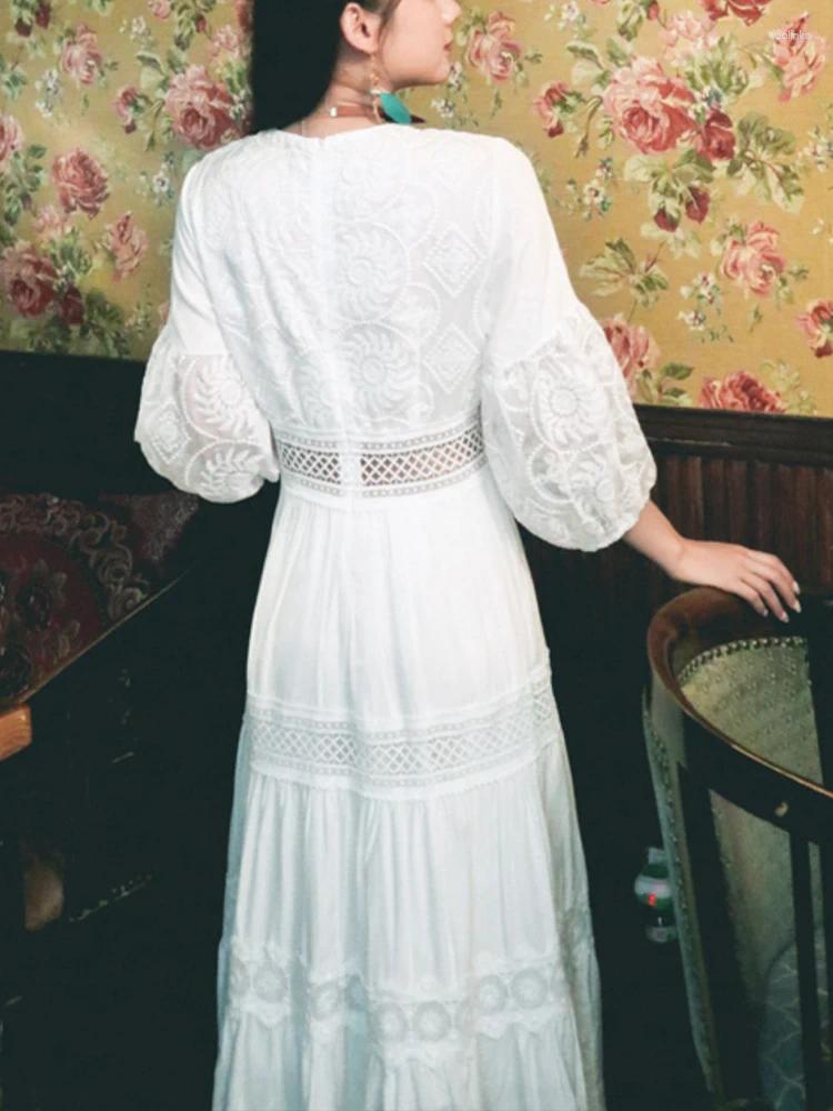 Casual Dresses White Long Women Vintage Boho Lace Dress Female Summer Sleeve Ladies Elegant Hollow Out Beach Holiday Vestido