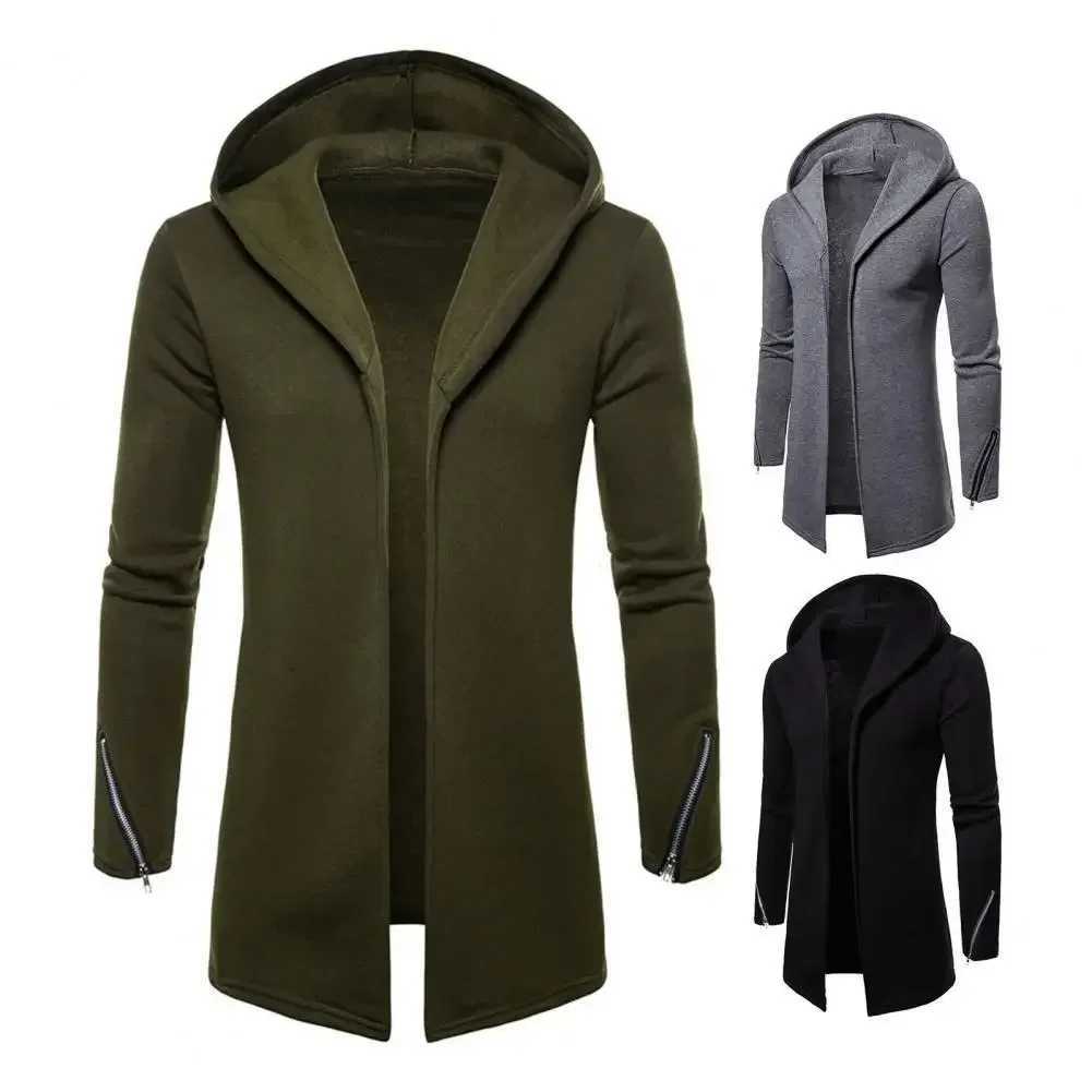 Mens outerwear hooded long slip casual autumn outerwear solid color zipper cuffs warm open seam cardigan W241102