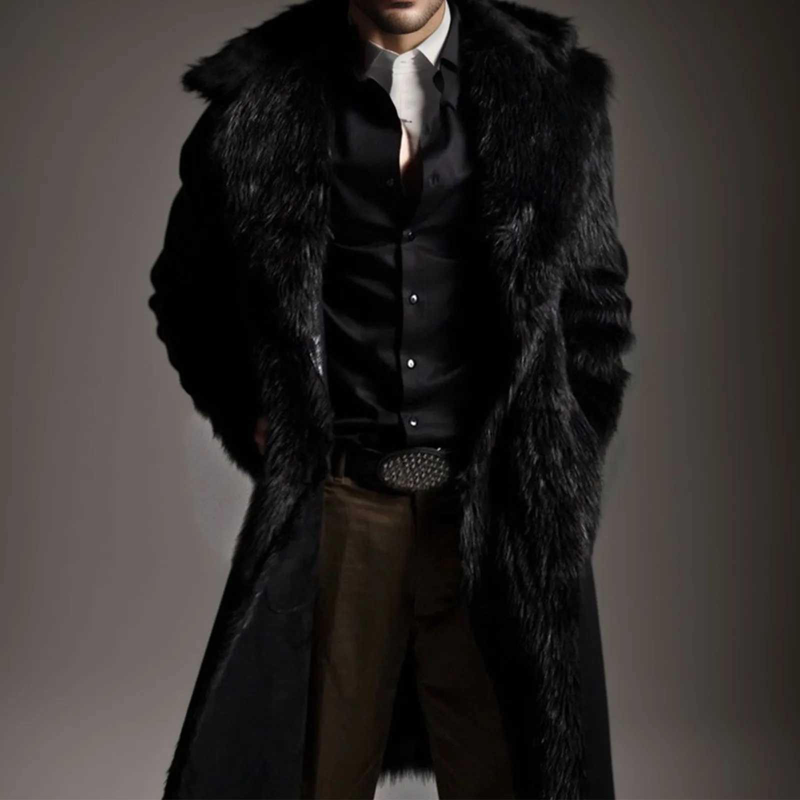 Autumn Winter Faux Fur Coat Mens Thicken Warm Solid Overcoat Jacket Outdoor Fashion Men Long Sleeve Fluffy Fur Long JacketXJ241102