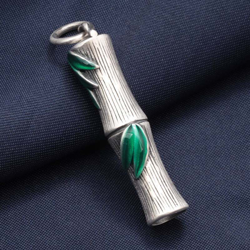Ethnic 999 Silver Bamboo Branch Leaf Whistle Pendant Jewelry Retro Pure Silver Long Pendant for Men and Women DZ022