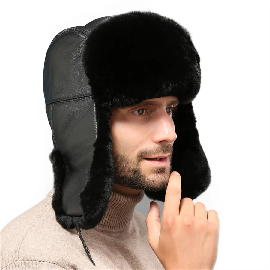 Bomber Hat Mens Thick Womens Warm Russian Ushanka Rex Rabbit Fur Hat Fashion Mens Winter Sheepskin Earrings Ski Hat 241031
