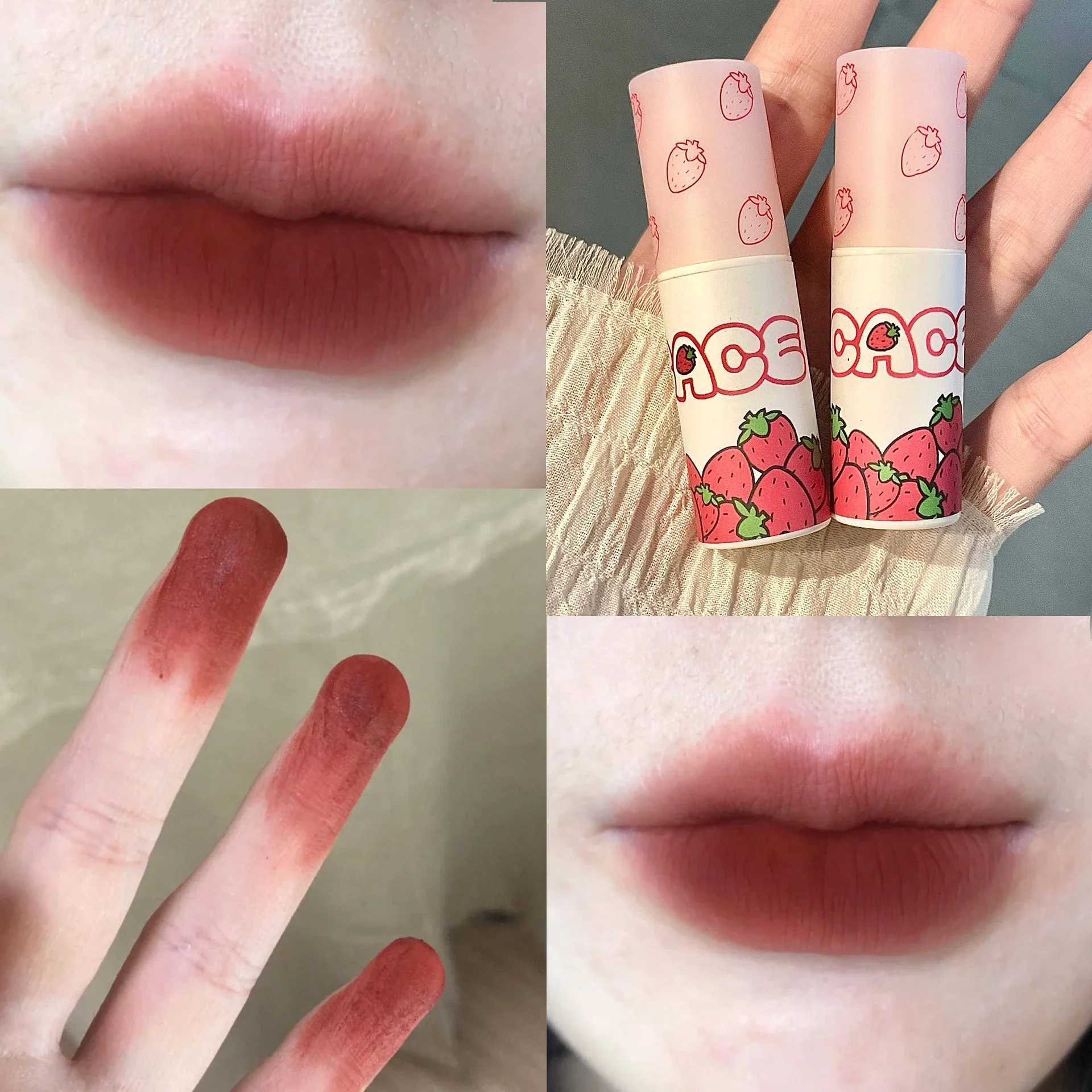 6-color brown pink lipstick matte liquid lipstick cute strawberry waterproof velvet nude red lip mud cheek red tone cosmetics W241101