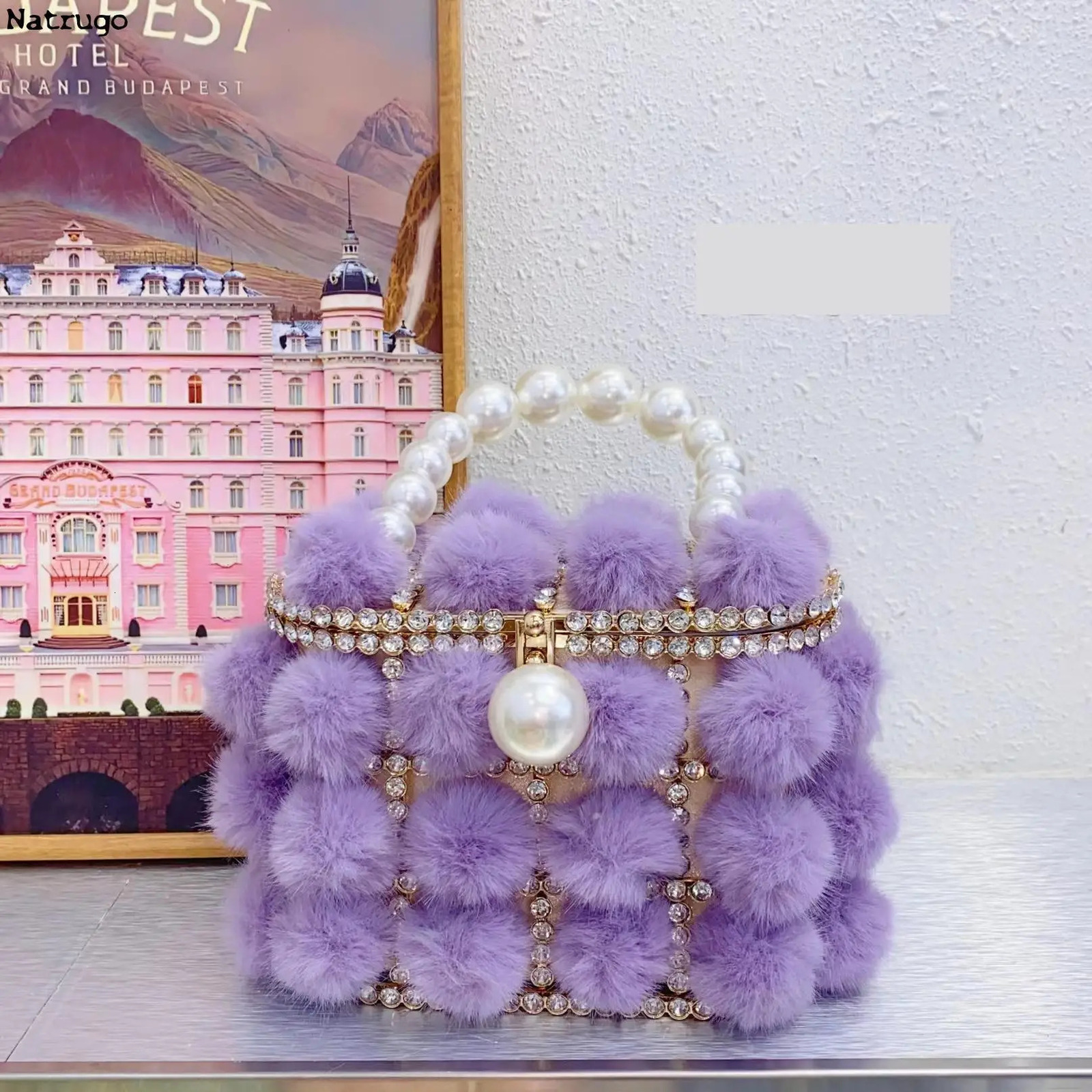 Pearl Handle Rhinestone Evening Bag Fur Crystal Top Handbag Womens Wallet and Handbag Banquet Bag 241031
