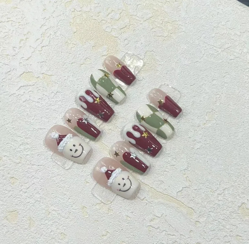 10 pieces/set of fake nails complete set of fake nails pressed on nails DIY handmade patches detachable Christmas snowman checkered star 241031