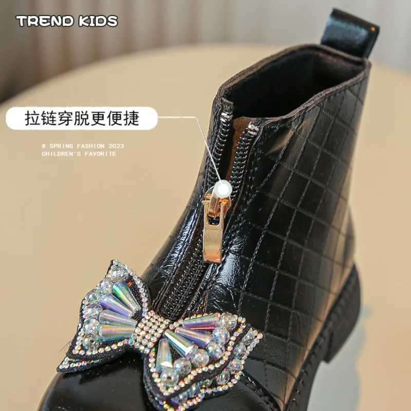 Crystal Bow Girls Fashion Boots Zipper PU Leather Patch Work Childrens Ankle Shoes Princess Soft Bottom Childrens Short Boots M241102