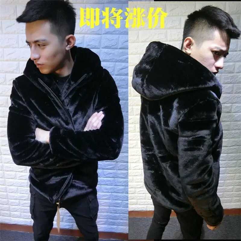 Winter Mens Faux Fur Short Hooded Faux Mink Plush Coat ThickenedXJ241102