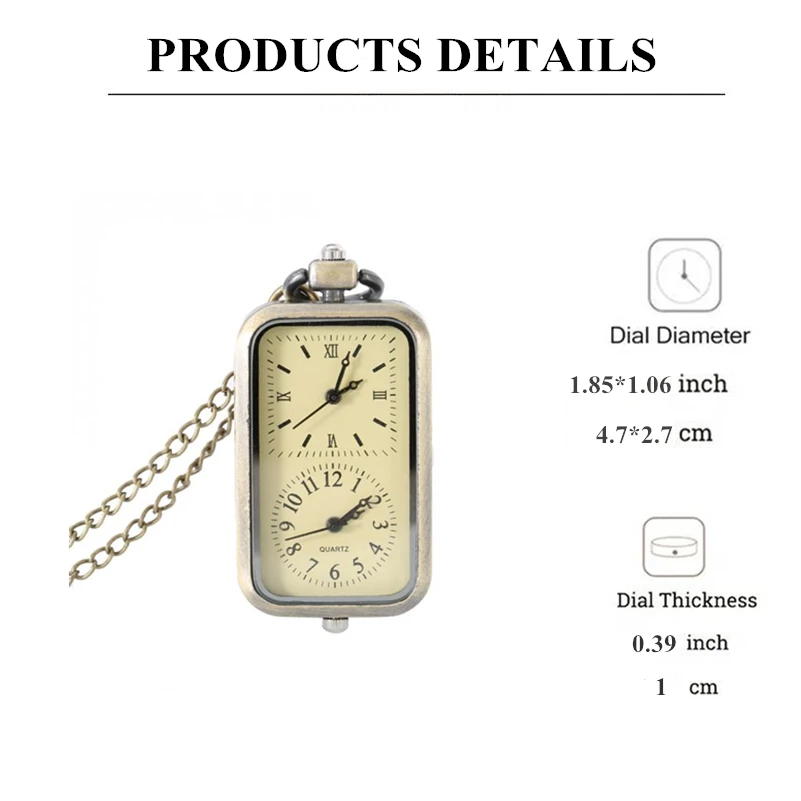 new Retro Bronze 2025 Square Dual Time Zone MiniDesign Quartz Pocket Watch with Necklace Chain Leisure Pendant Gift Men's Clock