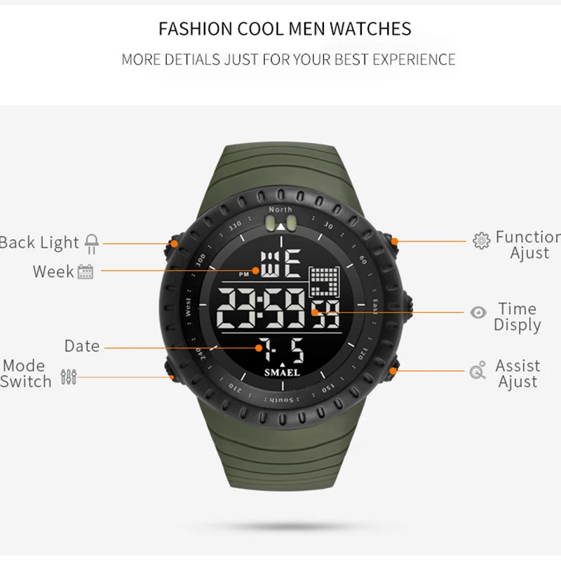 SMAEL Top Brand Men Electronics Watch Outdoor Sports Waterproof Big Dial Digital LED Alarm Digital-watch 2025 new Male 1237