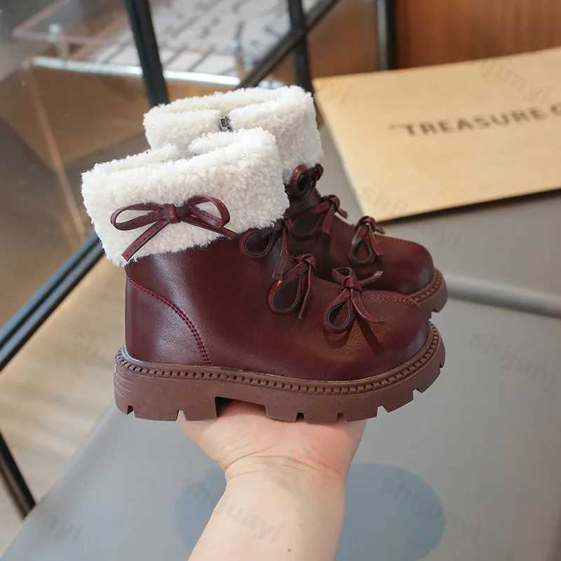 New winter boots suitable for girls design bow tie childrens flat fashion boots thick faux fur warm childrens cotton snow boots M241102