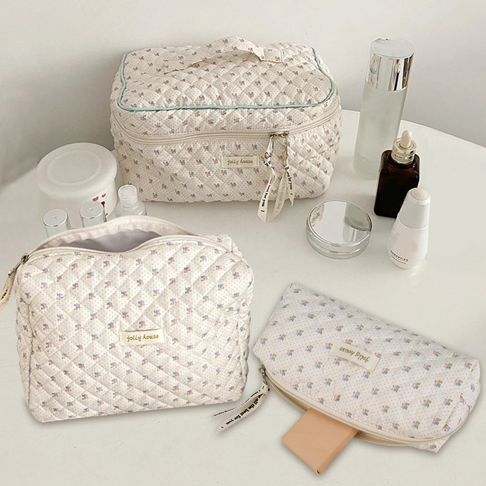 Womens makeup bag zippered makeup storage bag cotton print large capacity daily use bag wallet set 241031