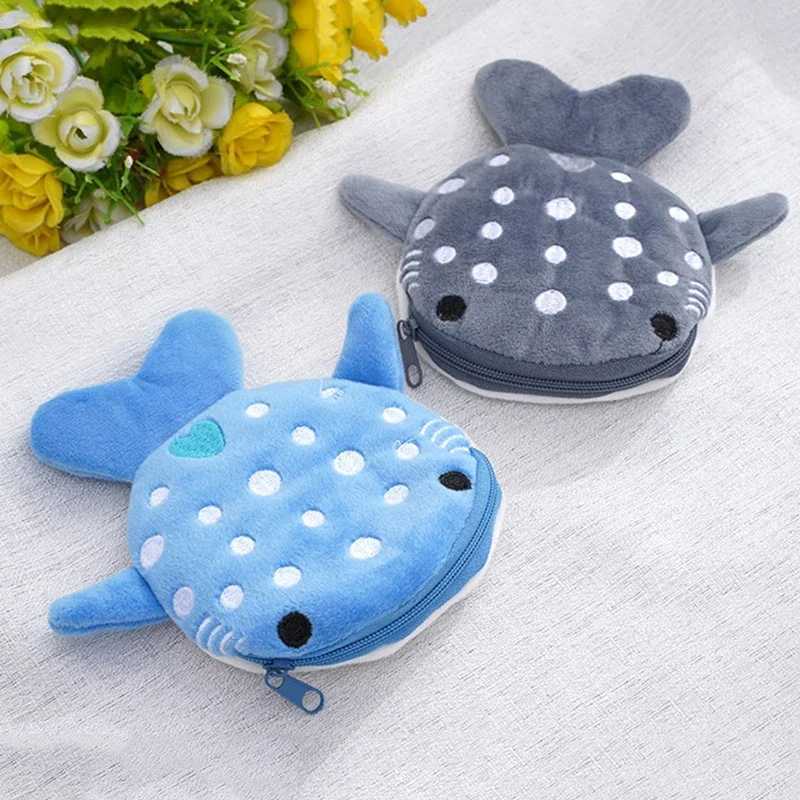 Fi Cute Blue Shark Mini Whales Coin Purse Plush Zipper Coin Wallet Designer Womens Small Change Bag Key Earphe PouchXJ241111