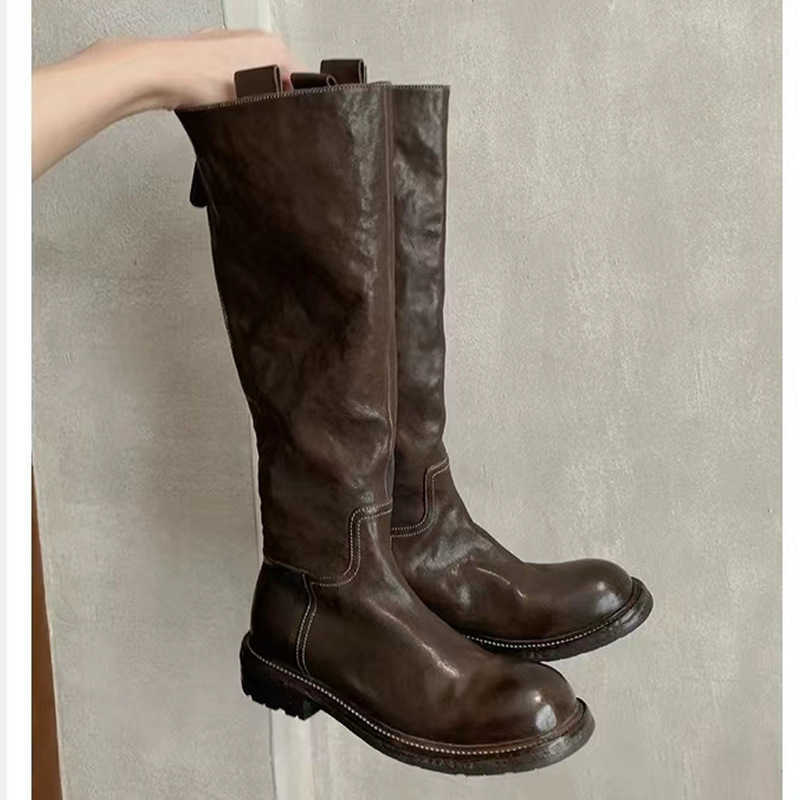 CMM Autumn and Winter New Washed Horseskin High Tube Slimming Mid Length Boots Thick Heel Thick Soled Knight Boots for Women