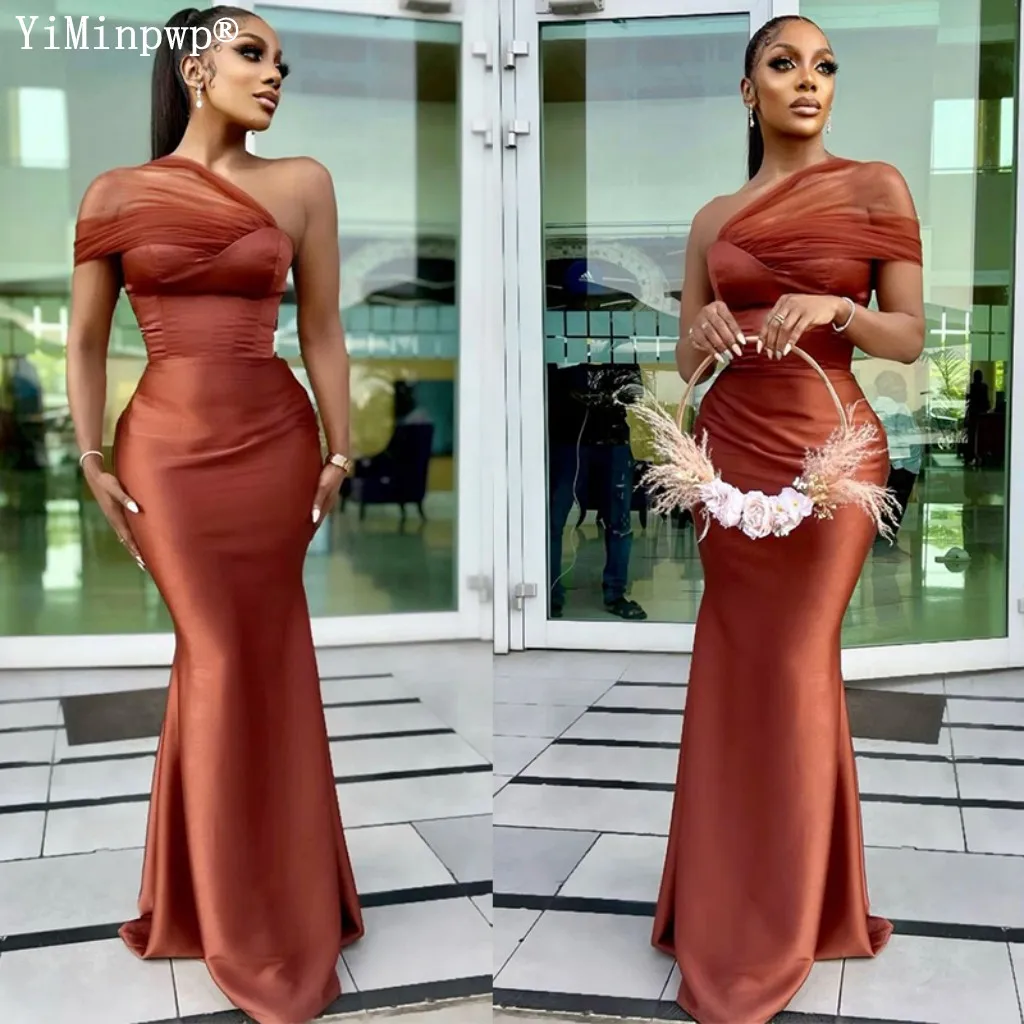Auburn Mermaid Bridesmaid Dresses One Shoulder Floor Length Elastic Satin Africa Wedding Party Gowns vestido de fiesta de boda