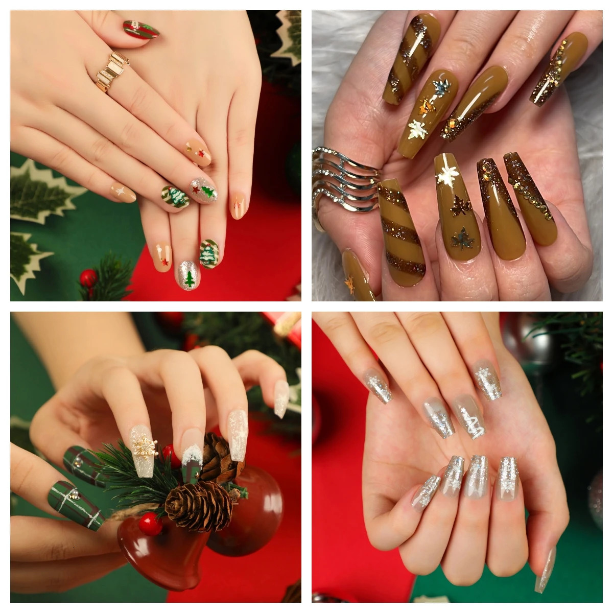 Christmas Holiday Square Medium length Pressing Nail Diamond Fake Nail Winter Smooth Full Cover Fake Nail 241031