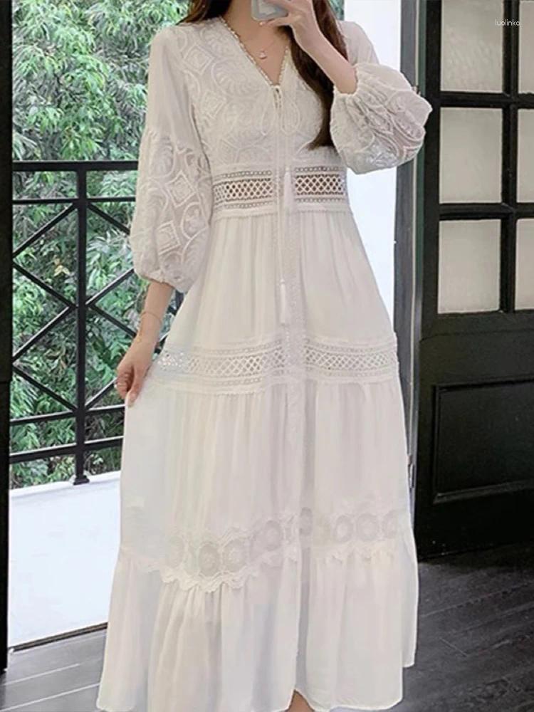Casual Dresses White Long Women Vintage Boho Lace Dress Female Summer Sleeve Ladies Elegant Hollow Out Beach Holiday Vestido