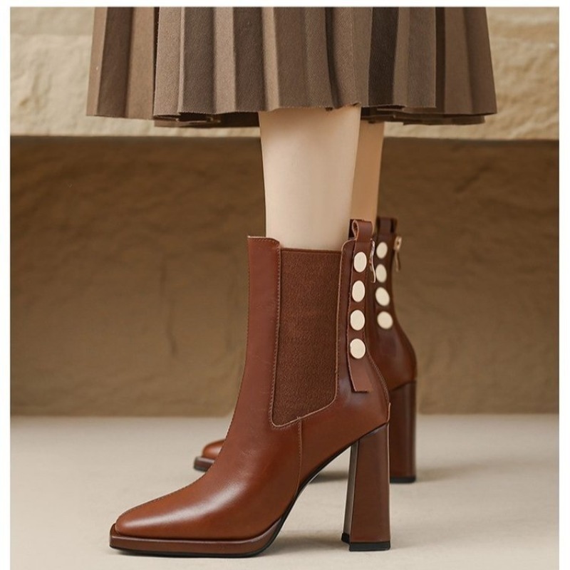 Women's Shoes 2024 New Fashion Square High Heels Black Brown Retro Dress Party Female Lady Autumn Winter Ankle Boots 39