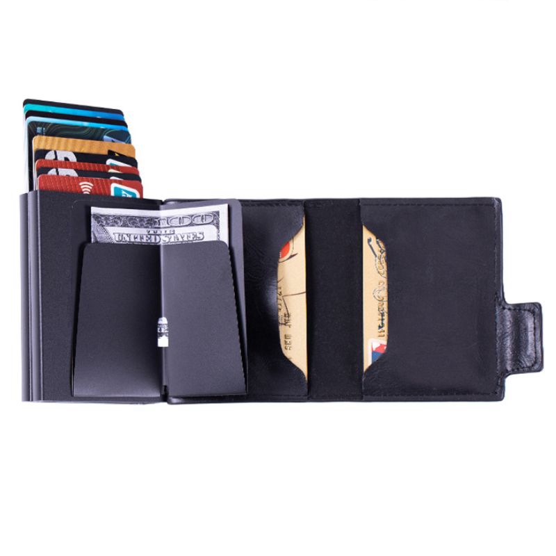 Large Capacity Leather Card Wallet for Men Air Airtag Rfid Double Aluminum Auto Pop Up Card Holder with Zipper Coin Pocket Purse