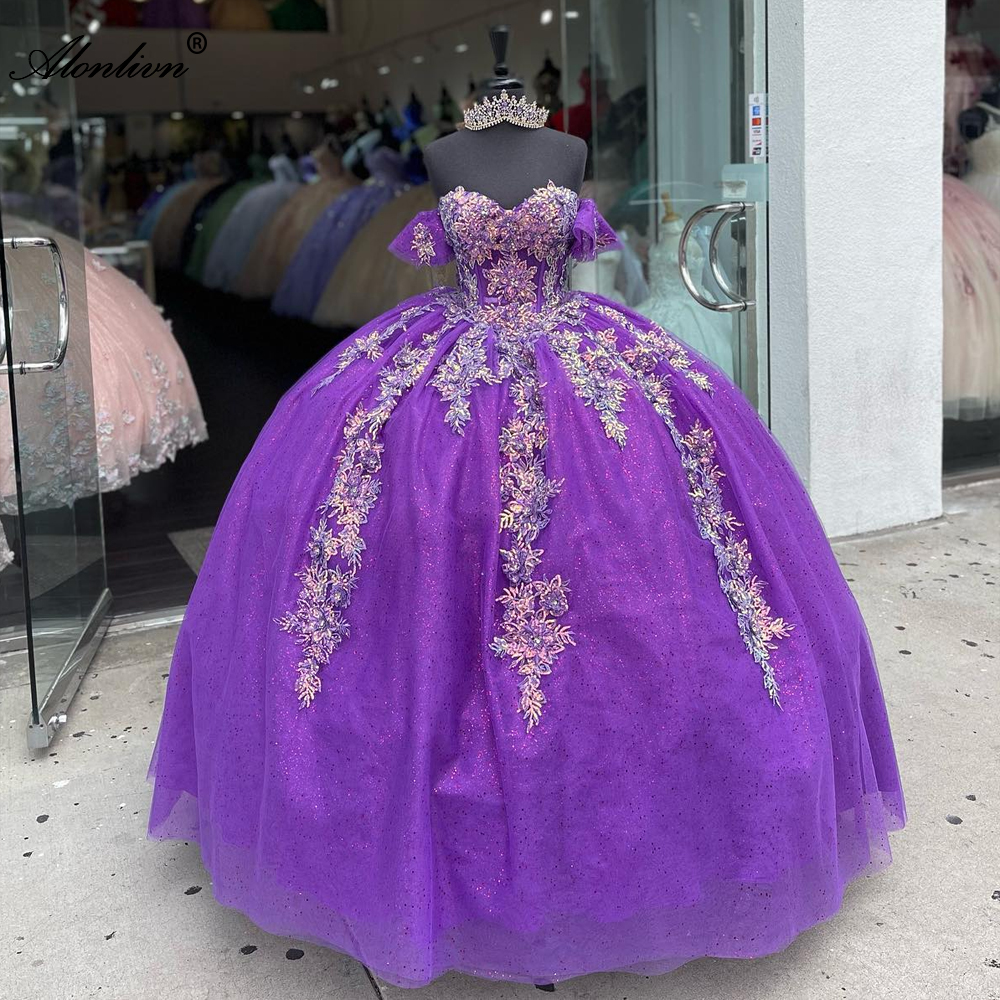 Sparkly Bling Lace Off Shoulder Sleeves Sweetheart Ball Gown Quinceanera Dresses Beading Appliques Floor-Length Prom Evening Party Pageant Birthday Go