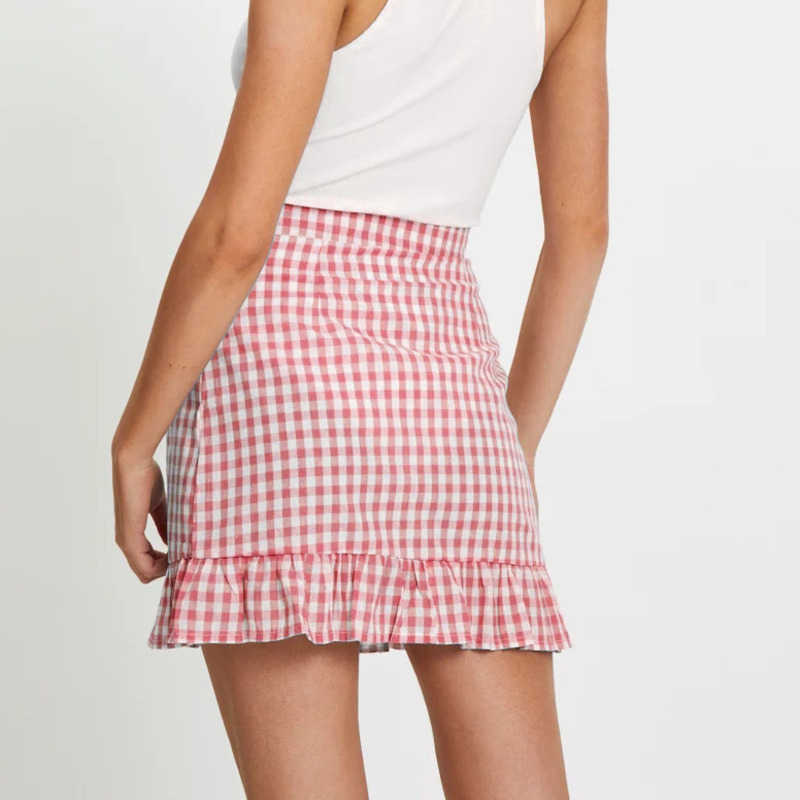 Bohemian Fish Tail Skirts For Women Short Ball Skirt Lace Side Summer WoMens Clothes Plaid Ruffle Skirt High Waist Single Button Small Fresh Plaid Ski