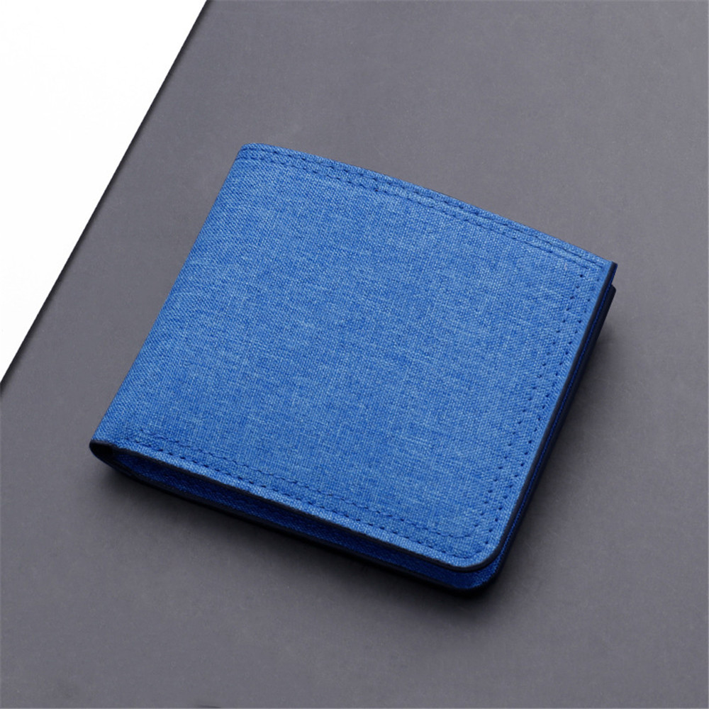 PT052,Men's Short Horizontal Square Canvas 2 Fold Solid Color Buckle Wallet Denim New Unmarked Sewing Thread Ultra Thin Card Holder