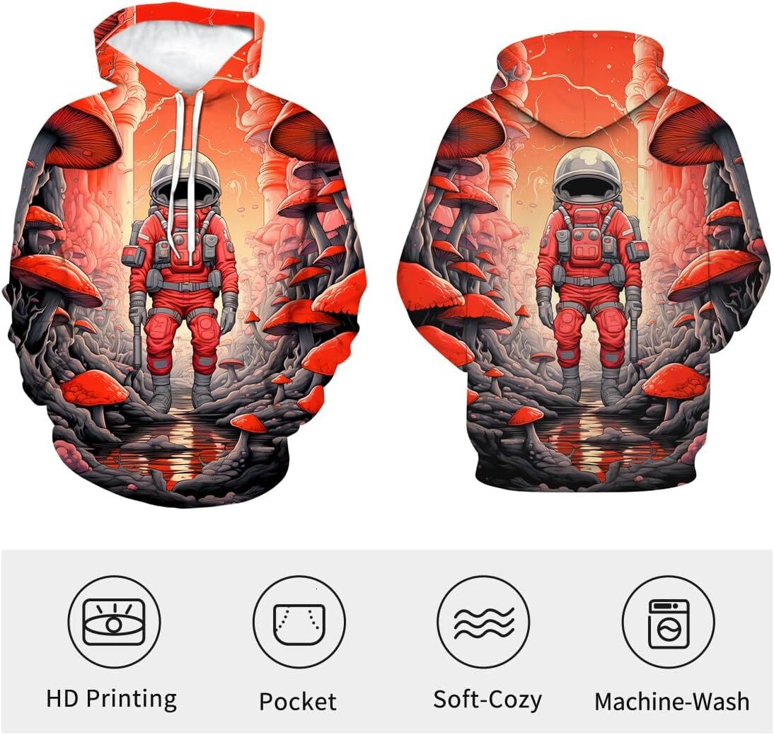 Hoodie for Mens Womens Men Novelty Mushroom Planet Aliens landing on another planet Astronaut Hoodies Hooded Graphic Hoodies sweatshirt Pullover Long 