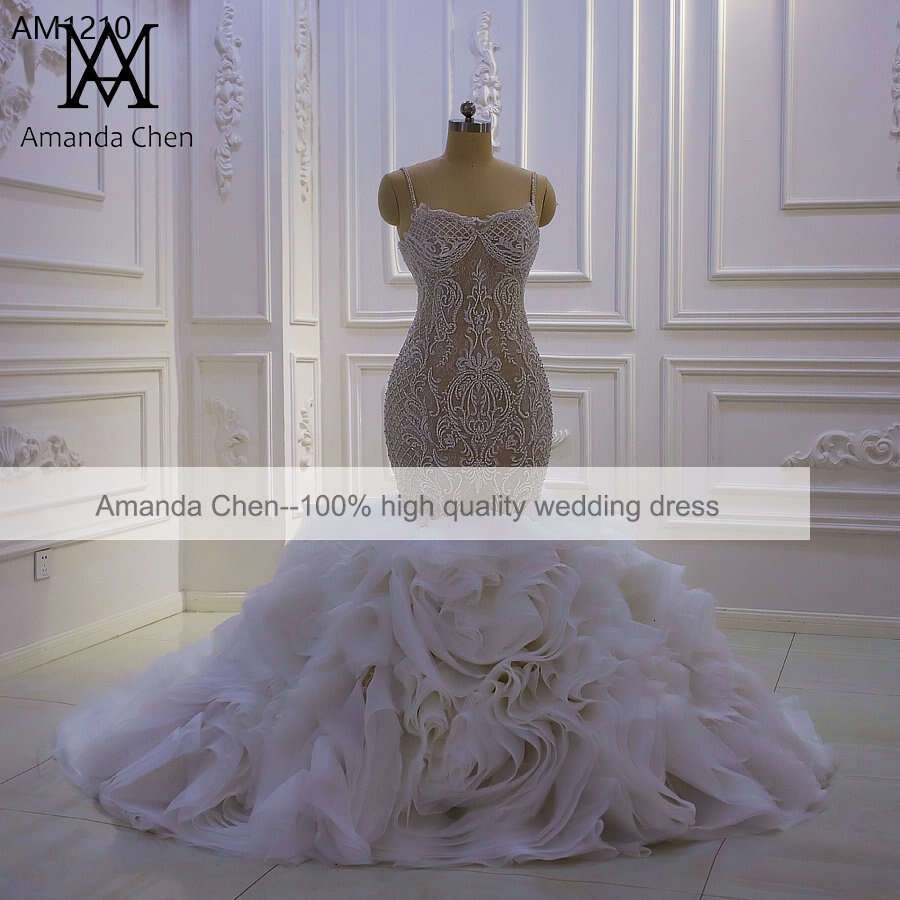 Beaded Lace Tiered Mermaid Wedding Dress In Ivory, Deep V Neck Bridal Gown 6660311