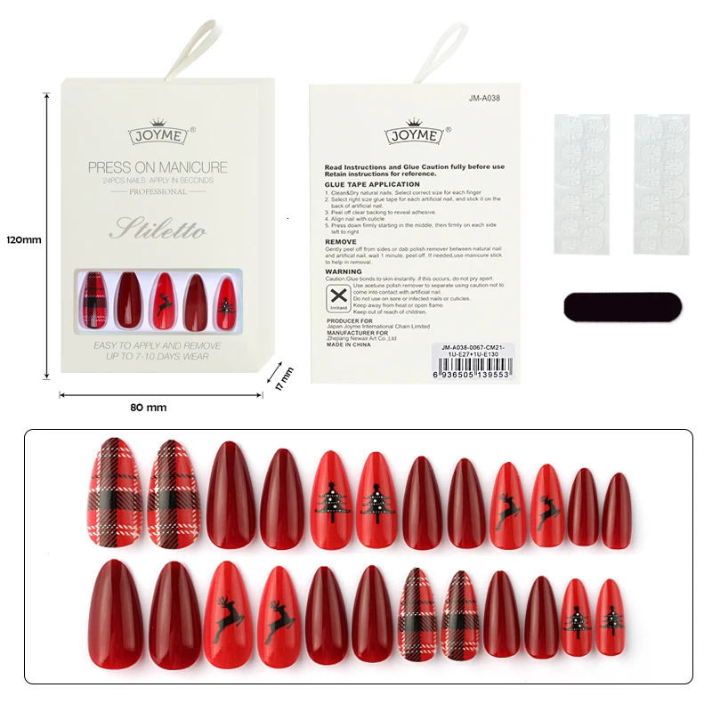 High quality Christmas long almond nail fake nail with sticker adhesive nail pressed on the nail with jelly adhesive nail art fake nail 241031